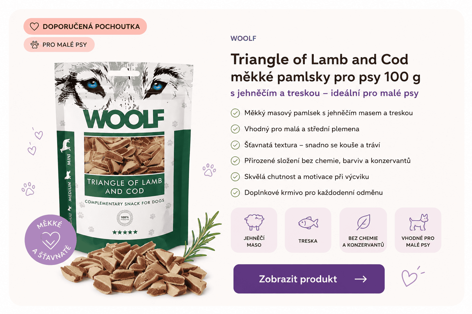 Woolf Triangle of Lamb and Cod trojúhelníčky z jehněčího a tresky pamlsky pro psy 100 g